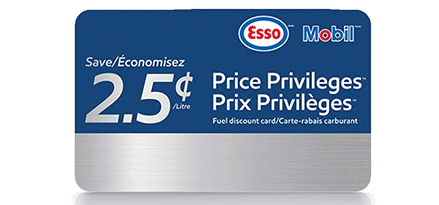 A Mobil Price Privileges Fuel Savings Card shows how you can save 2.5 cents per litre of gas by using the discount card.